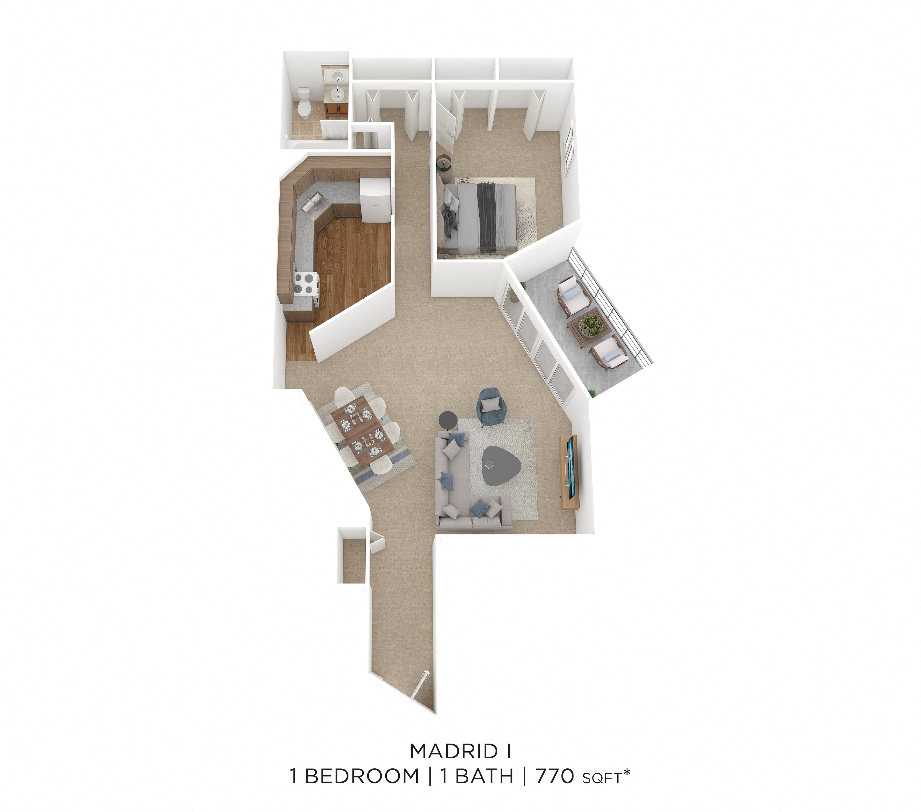 Floor plan for 1 bed, 1 bath, 770 sqft